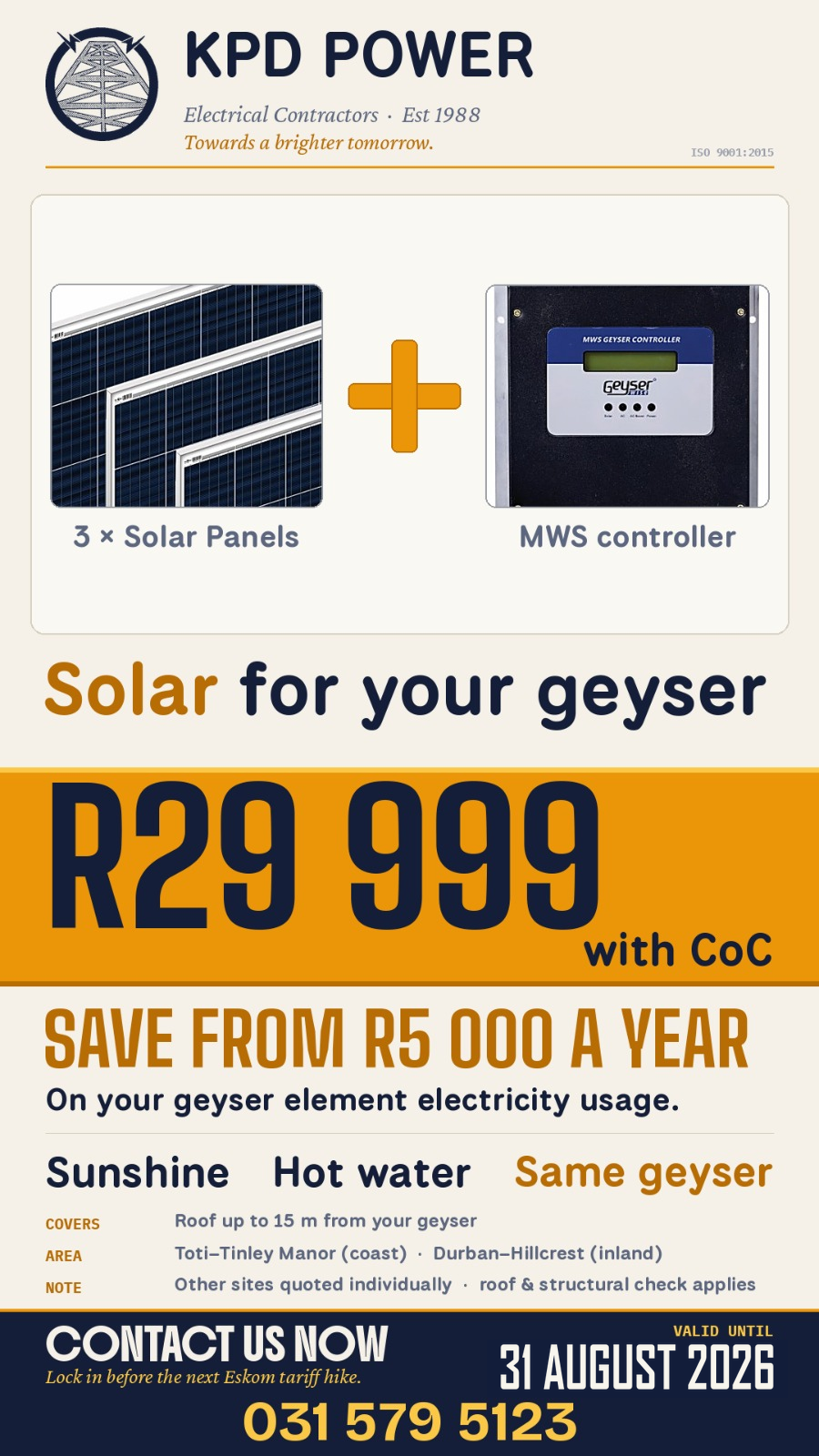KPD Power solar geyser promotion valid until 31 August 2026